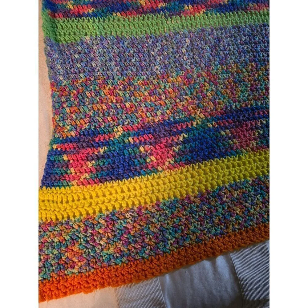 Vintage Handmade Colorful Space Dye Afghan Knit Crochet Throw Blanket Cottage Gr